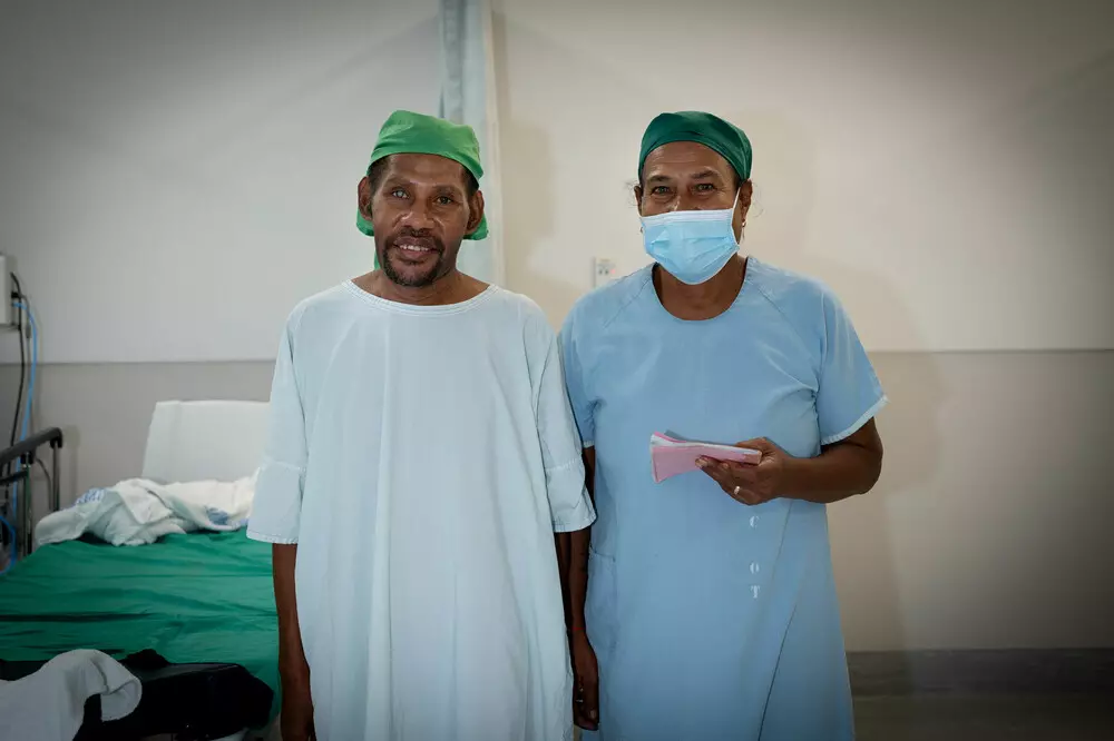 James with the nurse from the Regional Eye Centre, getting ready for cataract surgery