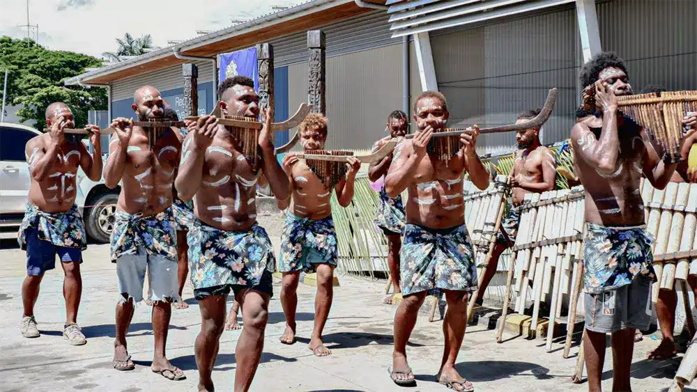 Pen pipe performers at the Regional Eye Centre celebration.