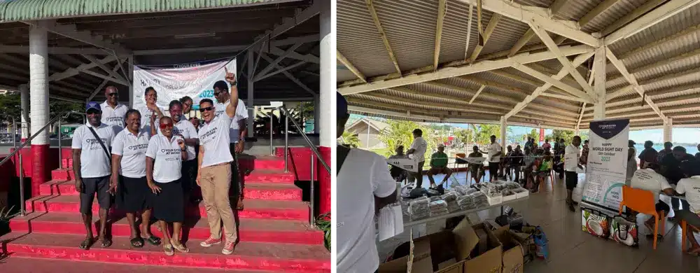 Left: The Vanuatu eye care team. Right: Crowds gathered at the free eye screening.