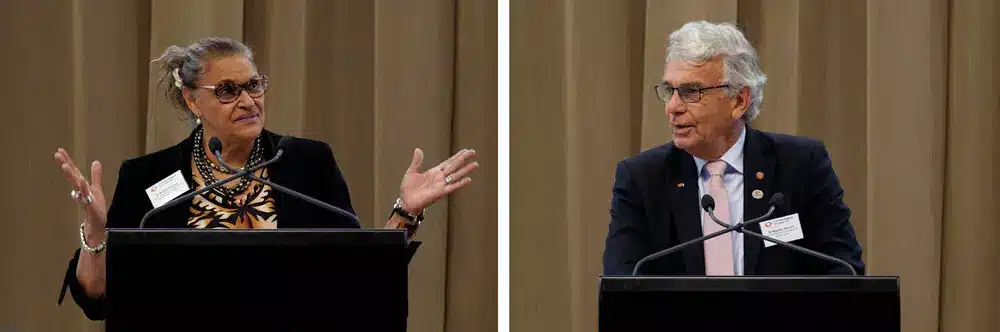 Dr Audrey Aumua (left) and Sir Maarten Wevers (right) speaking at the celebration
