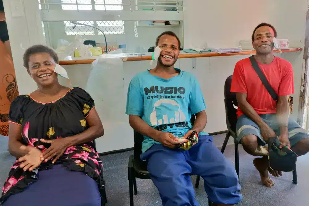 The siblings all smiles after their bandage removal