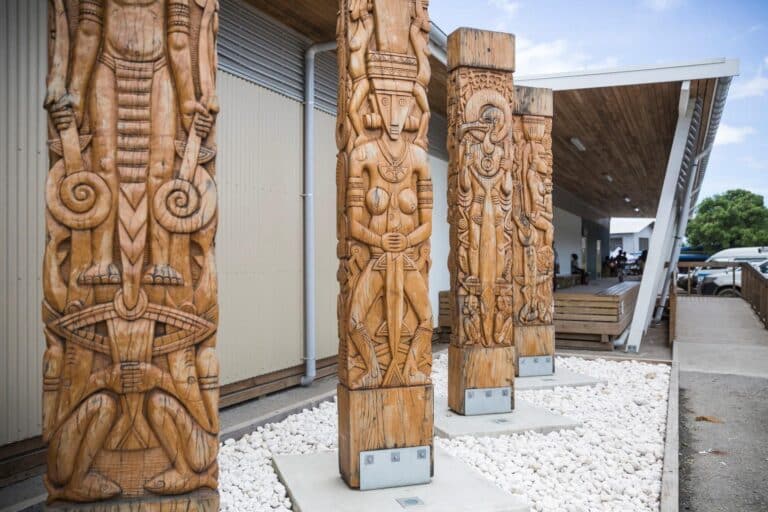 Traditional carvings near the main entrance of the Regional Eye Centre of Solomon Islands in Honiara.