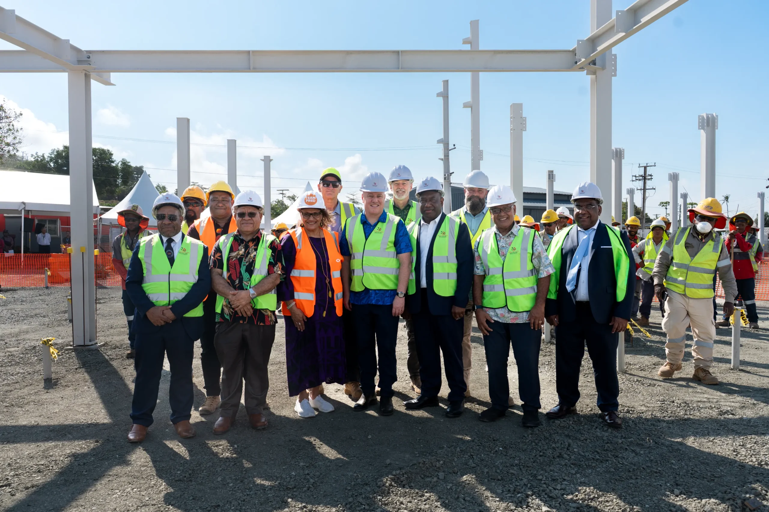 Christopher Luxon, Audrey Aumua and visitors at the Centre for Eye Health construction site