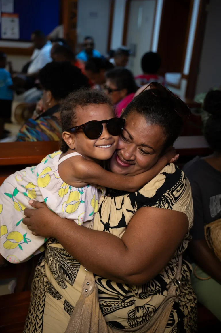 Philomena hugging her mum post eye surgery